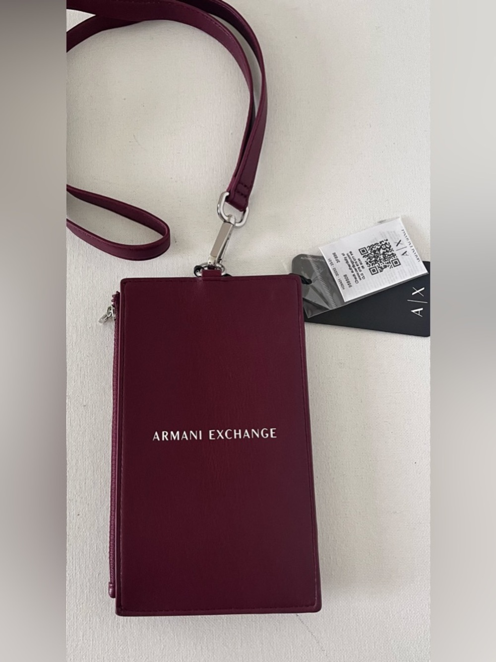 New Armani Exchange Wine Red Passport Phone Holder Lanyard with Silver Hardware